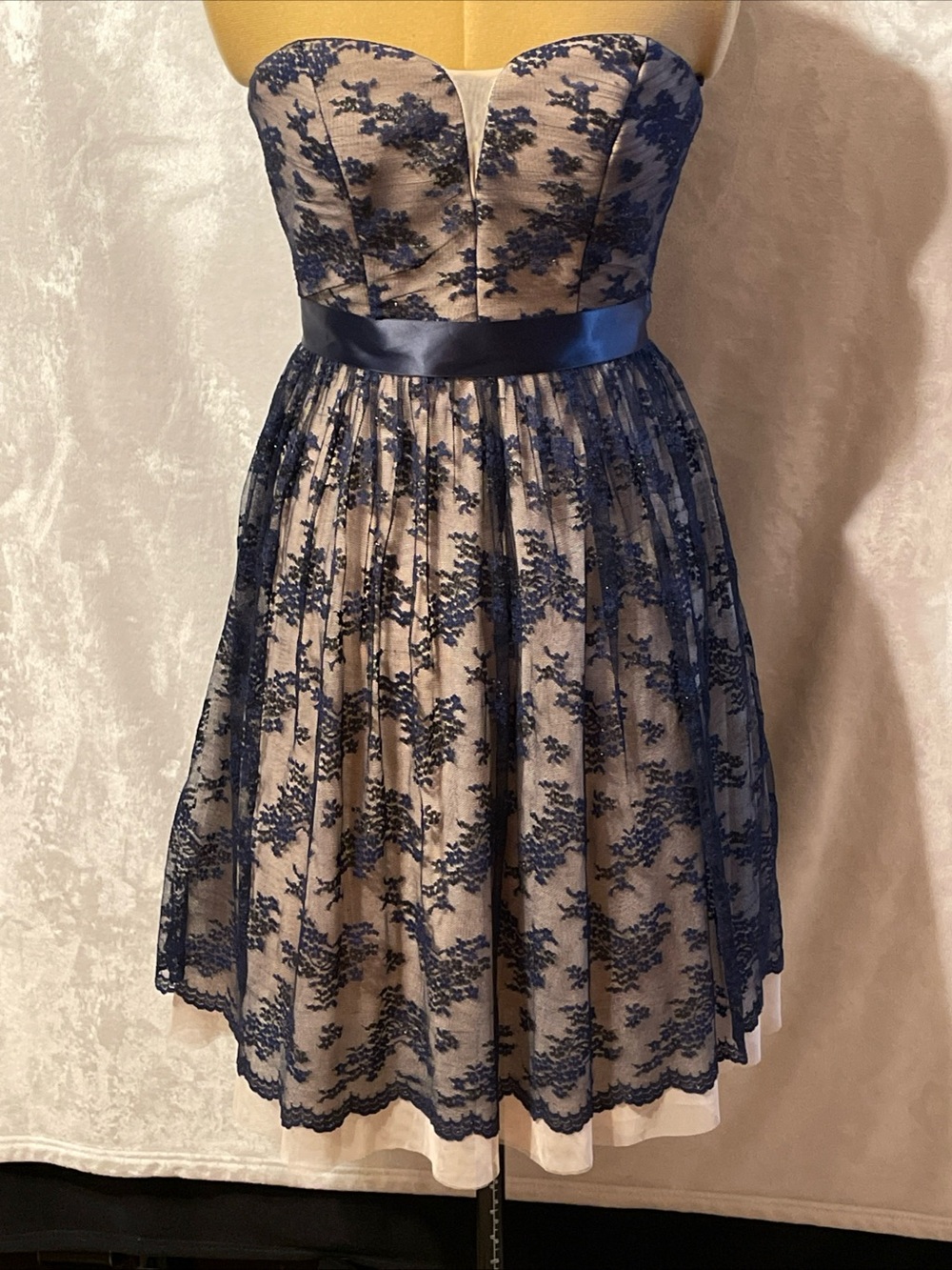 Vintage Deb Strapless Navy Lace Overlay Nude Cocktail Dress size 7/8